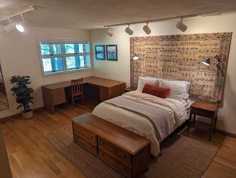 Cozy bedroom with double bed, built-in dressers, ample closet space (not pictured) and desk.
***As detailed in description, this unit is ideal for a day shift worker, not night shift worker as there will be some noise transfer from above during daytime hours.