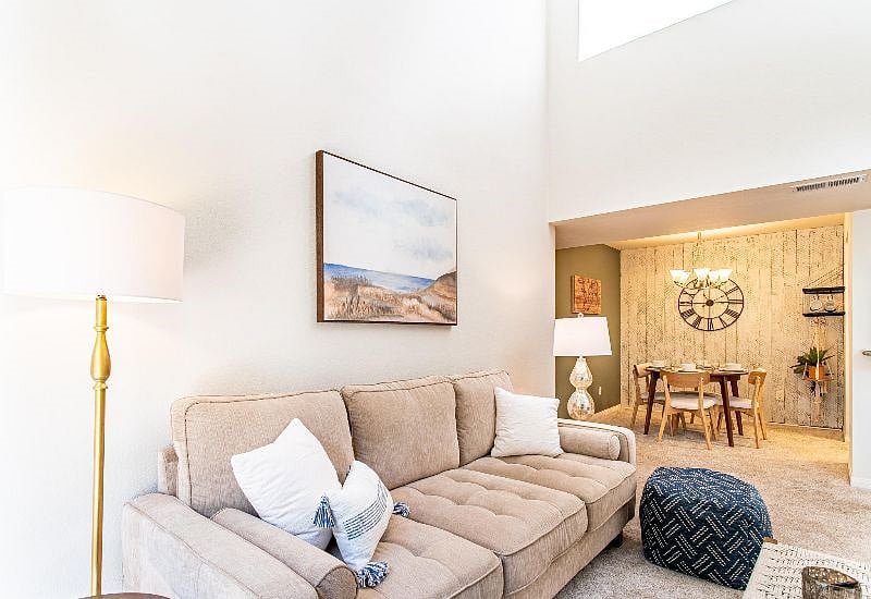 Sink into this soft couch and put your feet up on an ottoman while your enjoy your favorite Netflix show. Escape