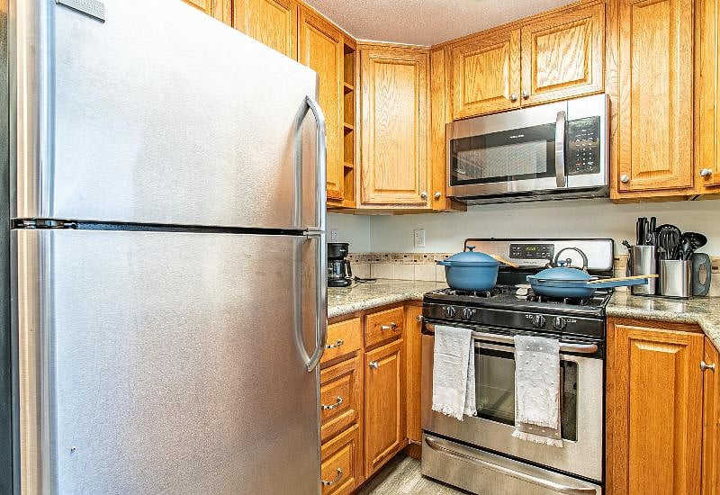 Large fridge and all stainless steal appliances so you can stock up, eat leftovers, or microwave popcorn