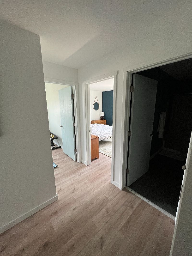 View from the upstairs with bathroom, your room, and the flex room with workout equipment.