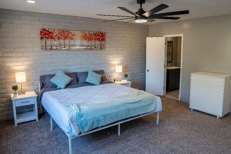 Bedroom 1, with private bathroom.
Both bedrooms equipped with 60W Anker USB charging station to simultaneously recharge up to 6 personal electronic devices (right hand side of bed in photo).