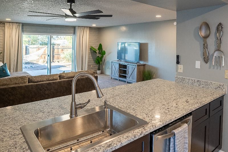 Open layout allows for easy conversational flow between kitchen and living room