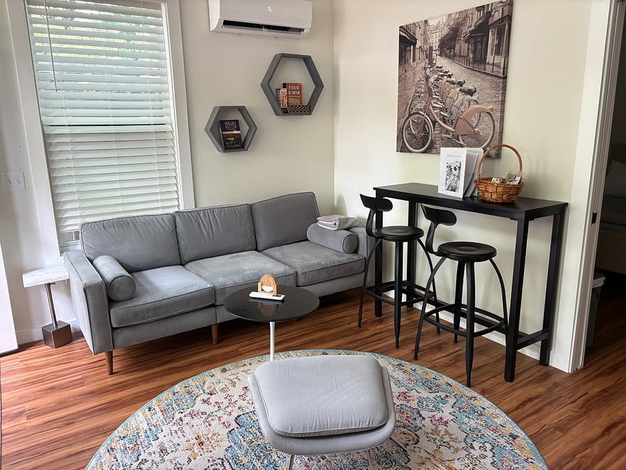 Open floor plan with a living room and full kitchen