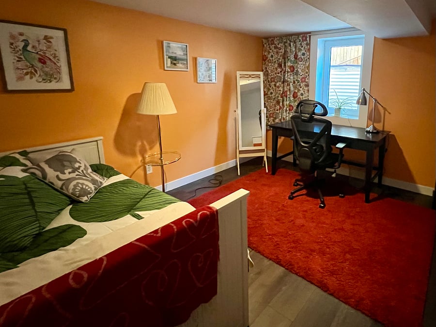 Downstairs second bedroom/office.  Twin daybed converts into a king size.  South-facing egress window. 