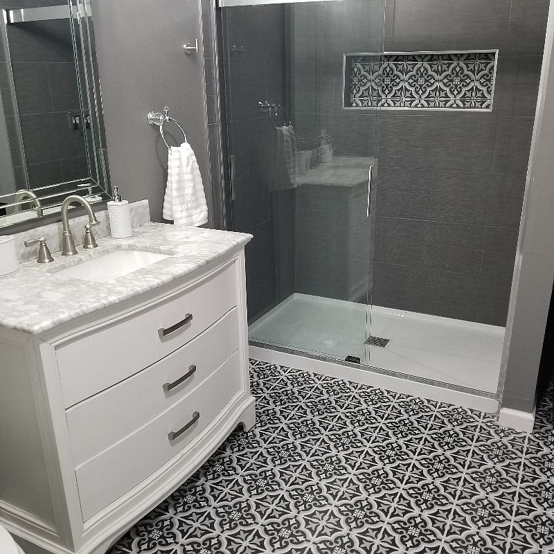 Large single vanity with storage drawers.
