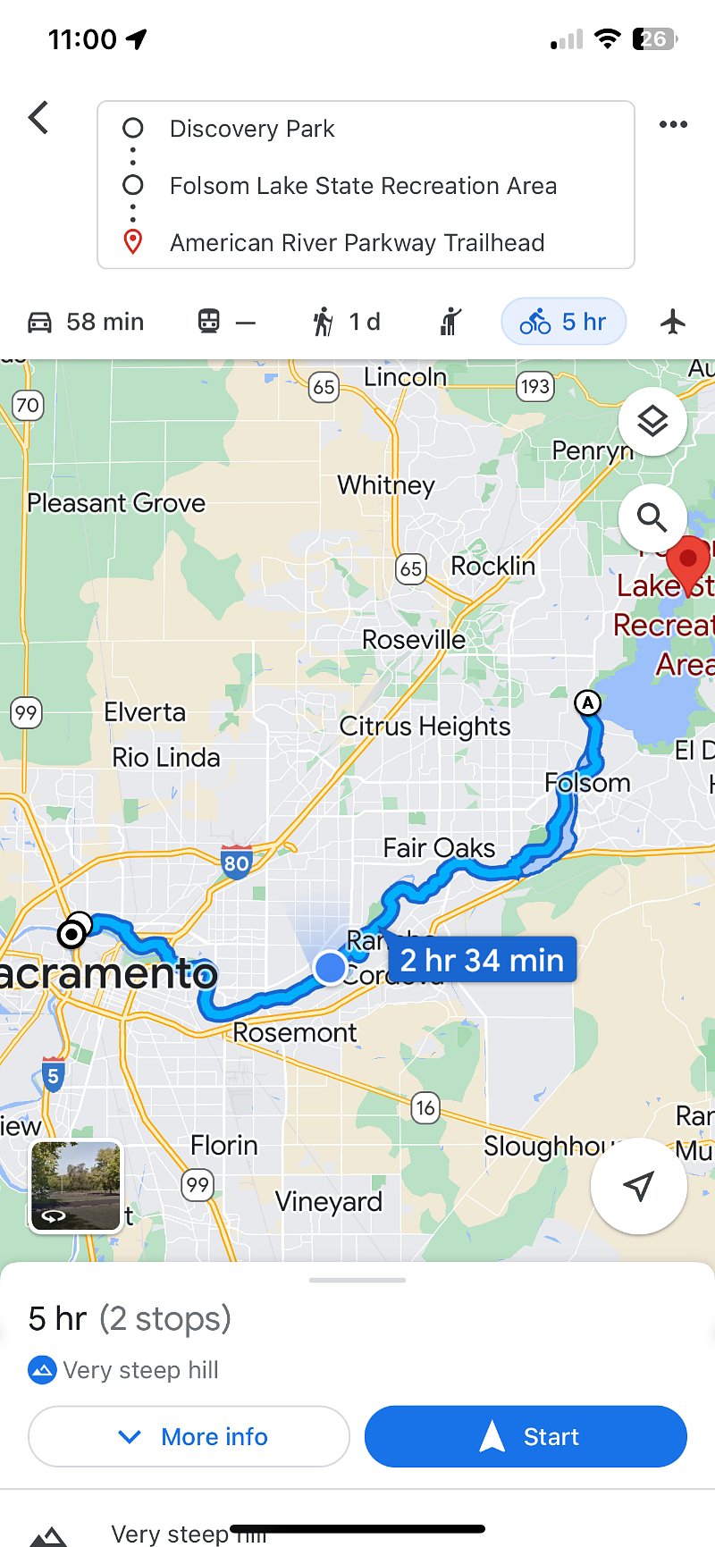 29 mile bike trail and parkway system along the American River and 2 lakes including Folsom Lake State park.