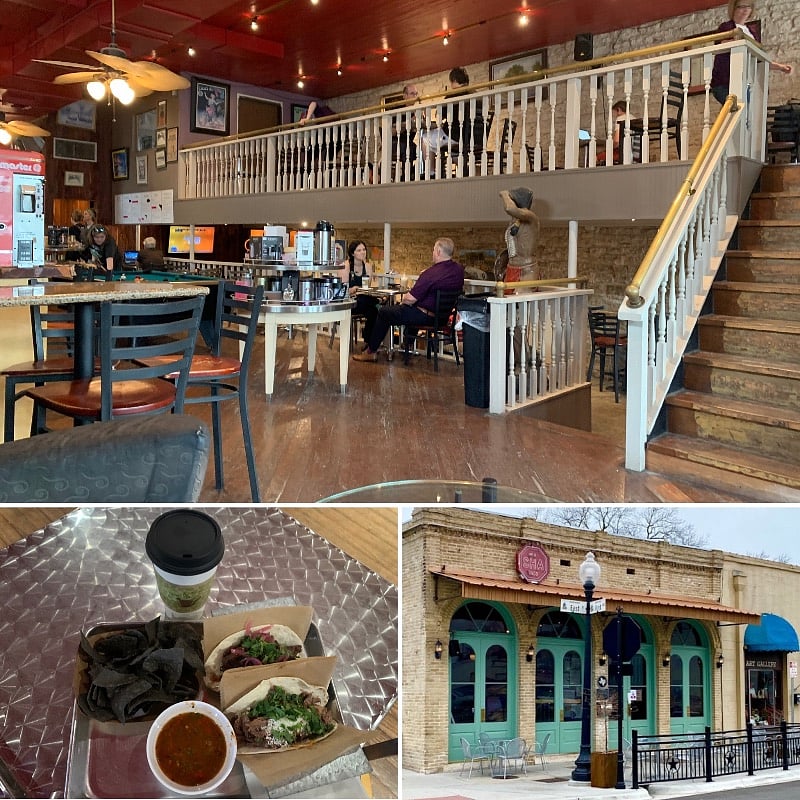 Arusha's is a coffee shop w/ gourmet tacos! Taco Combo: 2 tacos, coffee or tea drink of choice and chips w/ salsa or queso