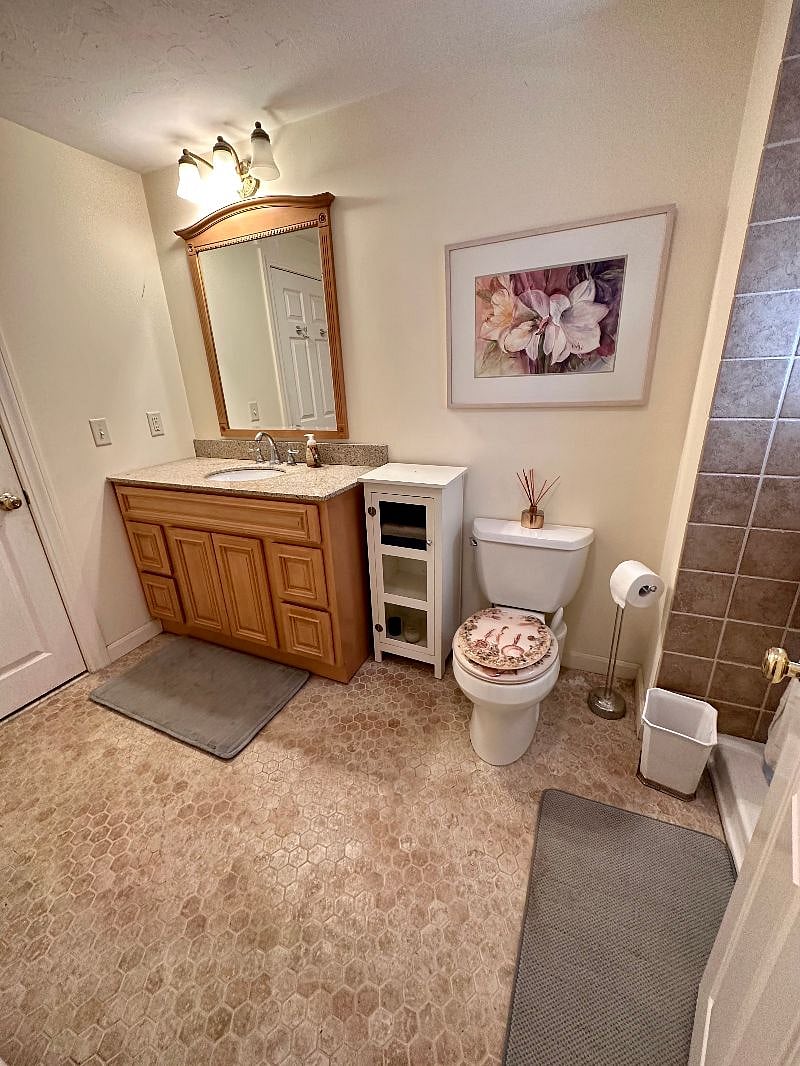 Bathroom with vanity and shower. Bathroom is located near kitchen and living room.