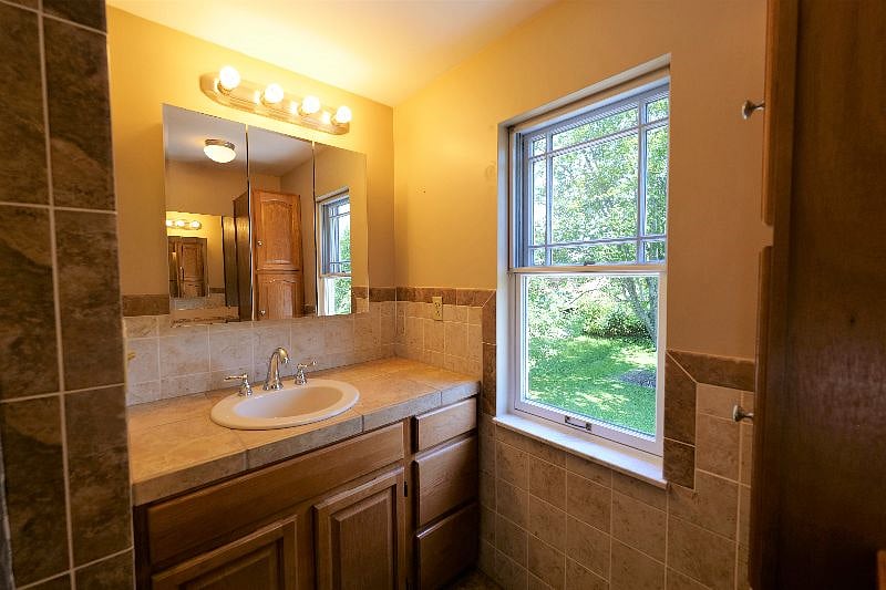 Full bathroom - sink area with a view of the backyard.