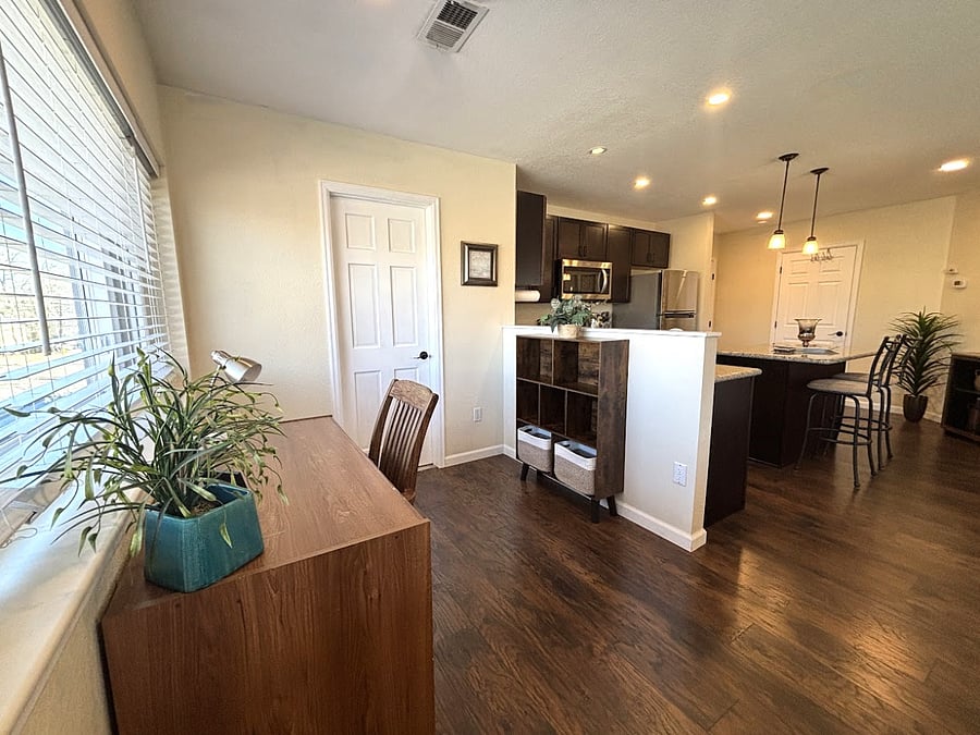 view of kitchen from office area