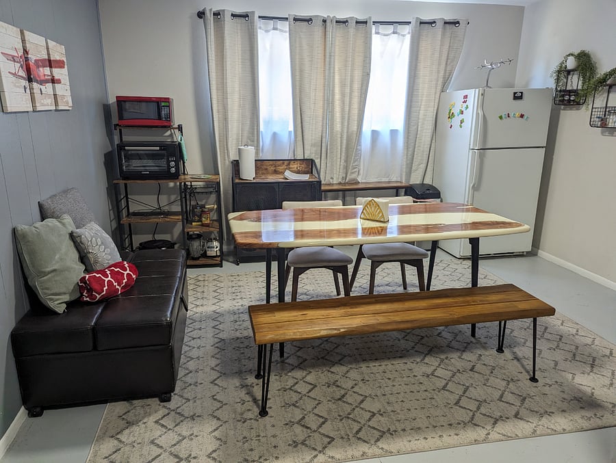 Dining Room With XL Air Fryer Toaster Oven, 2 Burner Stove Top, Griddle, Full Size Fridge, Sink and Dishes
