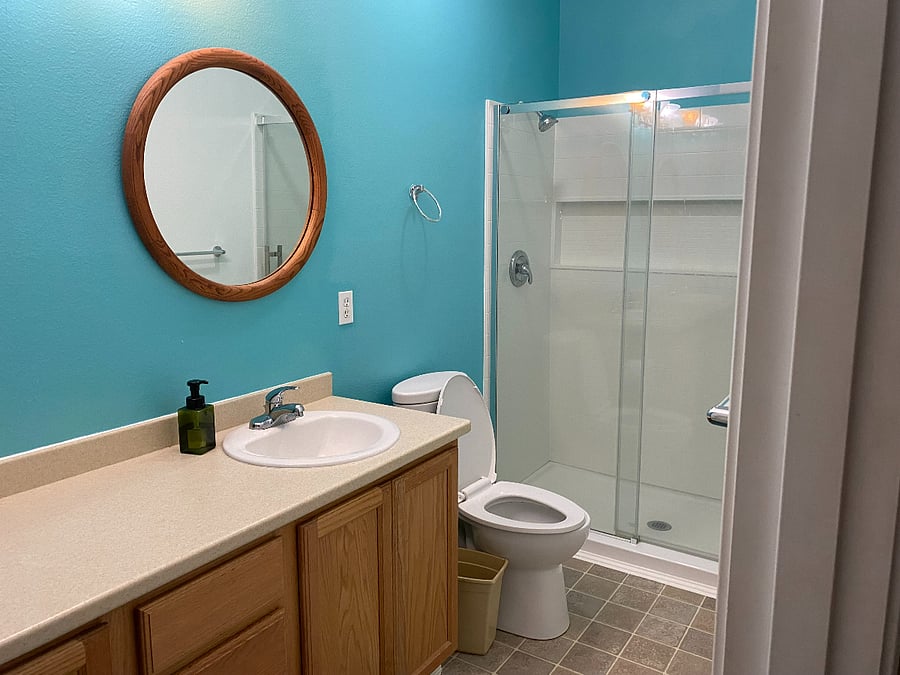 Master ensuite bathroom with walk-in shower, double sinks, and jetted Jacuzzi soaking tub