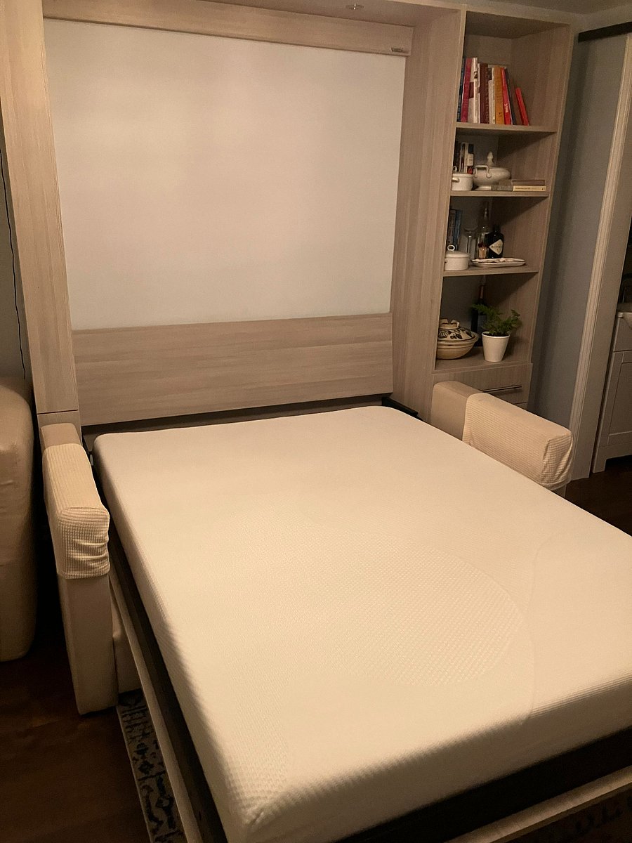 Et Voila! A very comfy bed with a genuine mattress. Much more comfortable than a pullout or many other options you might find in a studio.