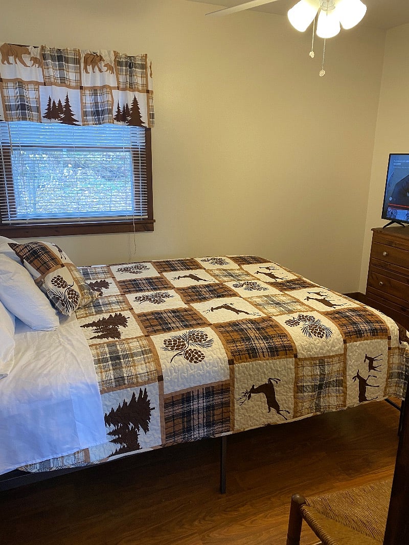 Queen bed with ample closet and dresser.