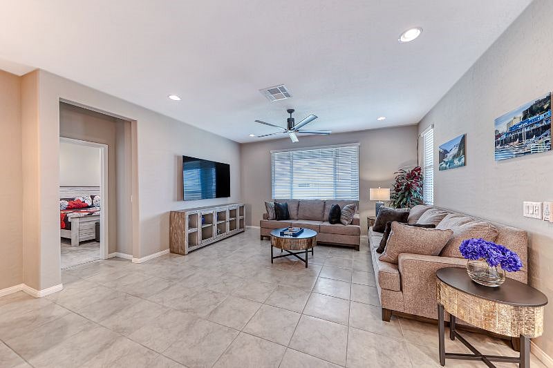 The master bedroom is beautifully decorated and boast a King size bed, 65 inch tv, private bathroom with separate shower and tub. This will be your sanctuary during your stay!