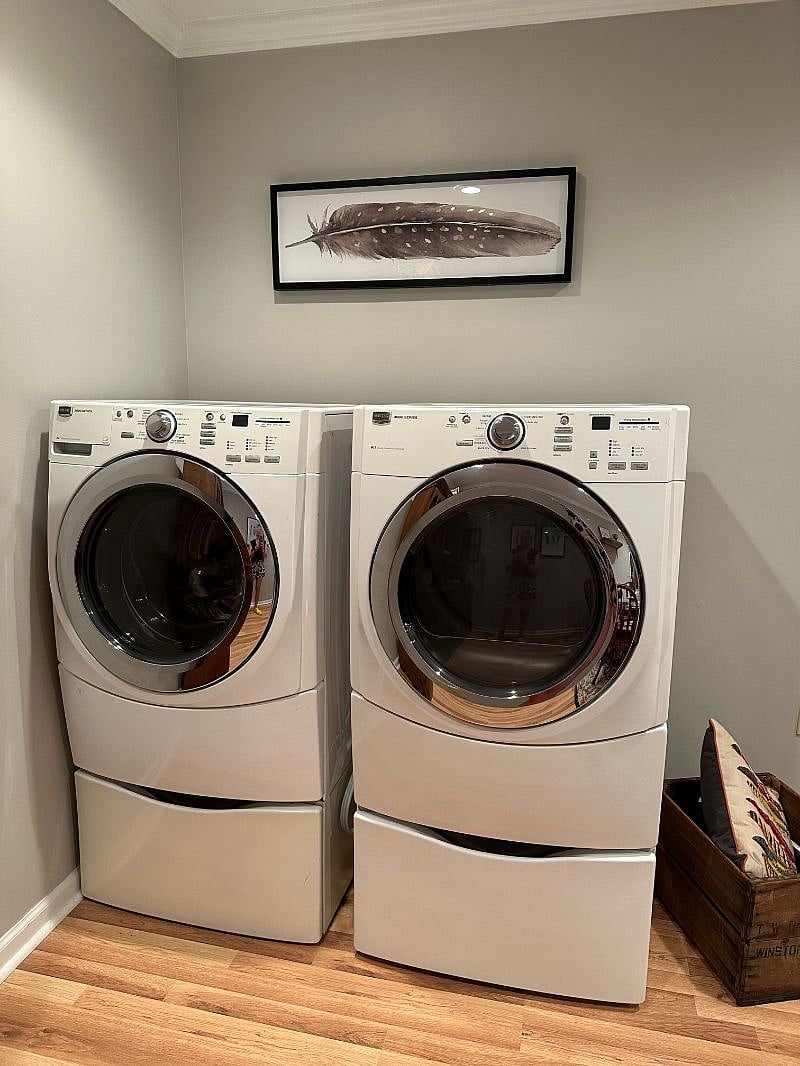NEW STYLE WASHER AND DRYER ON PLATFORMS WITH STORAGE UNDERNEATH!