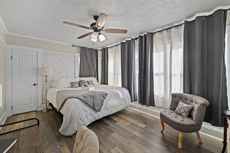 Primary bedroom upstairs with king bed.
