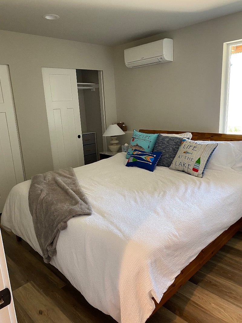 King size bed. Fabric dressers in the double closets. Split AC/heat unit
