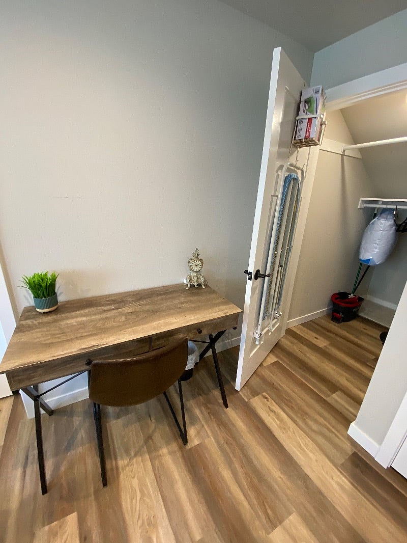 Desk and closet under the stairs with ironing board, cleaning supplies, extra sheets.
I know of housekeeping services if you want a cleaning team to come in.