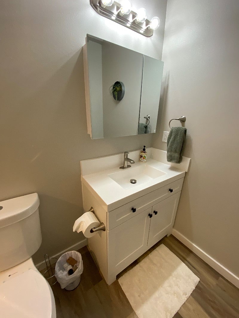 Addl bath photo of mirror that opens up as a medicine cabinet.