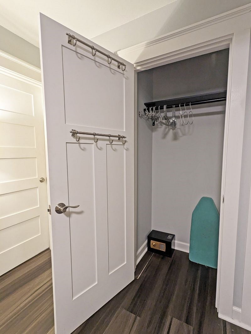 A closet, a safe and ironing board.* *We offer an iron.