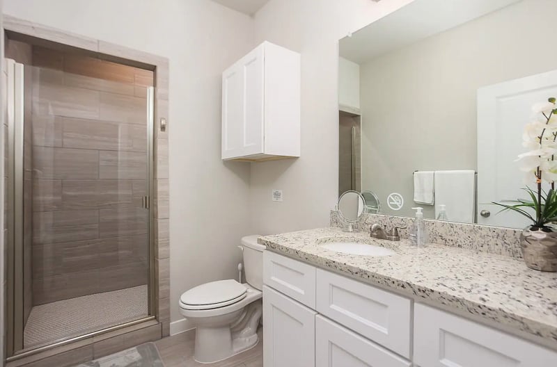 This full-bath photo is a similar bathroom design as Alpha-1 BR Suite. Walk-in Shower with Hair dryer, Body soap, Conditioner, and Shampoo dispensers.