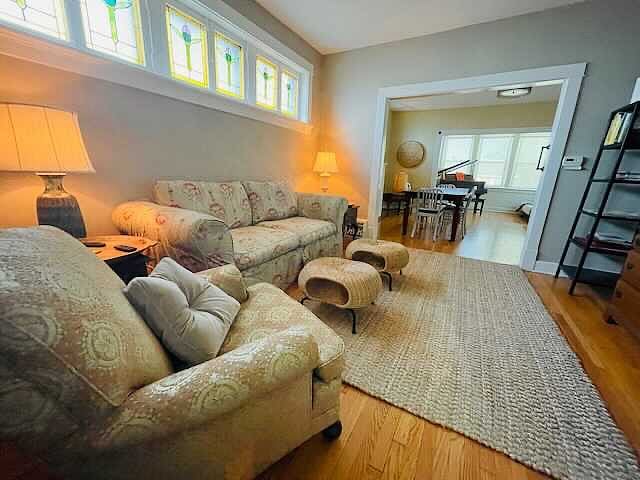 View showing the TV / Living room and dining room in distance.