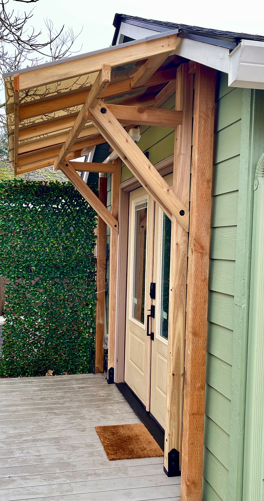 Covered french doors with key code entry