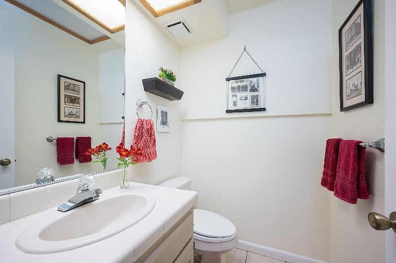 Downstairs half bath with toilet and sink.