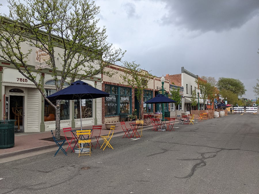 Pedestrian-only streets in Old Town Arvada make walking and hanging out here a delight.