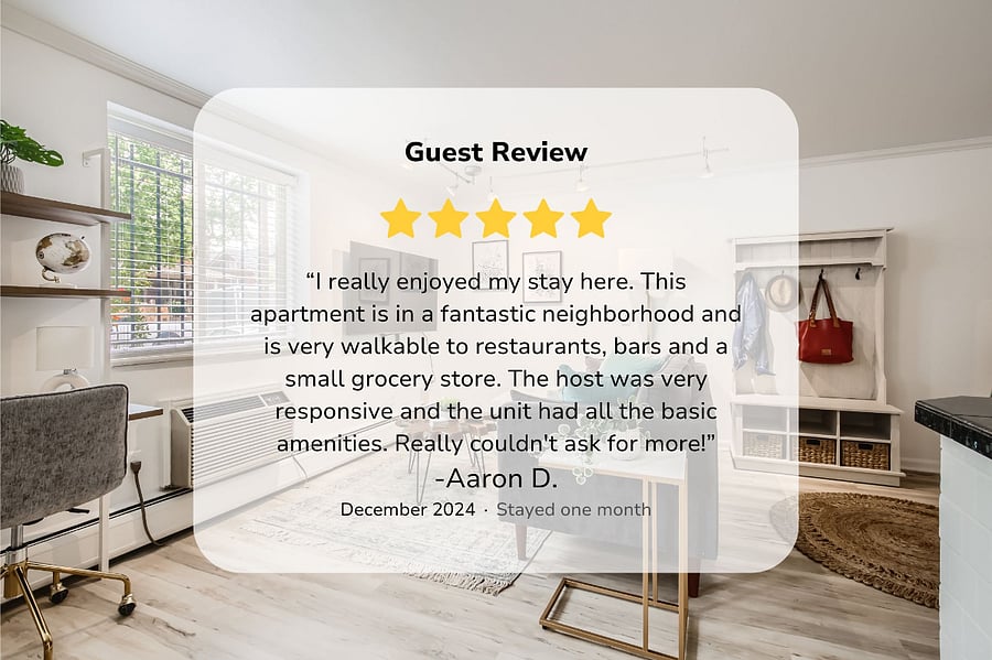 Past Guest Review: "I really enjoyed my stay here. This apartment is in a fantastic neighborhood and is very walkable to restaurants, bars and a small grocery store. The host was very responsive and the unit had all the basic amenities. Really couldn't ask for more!"