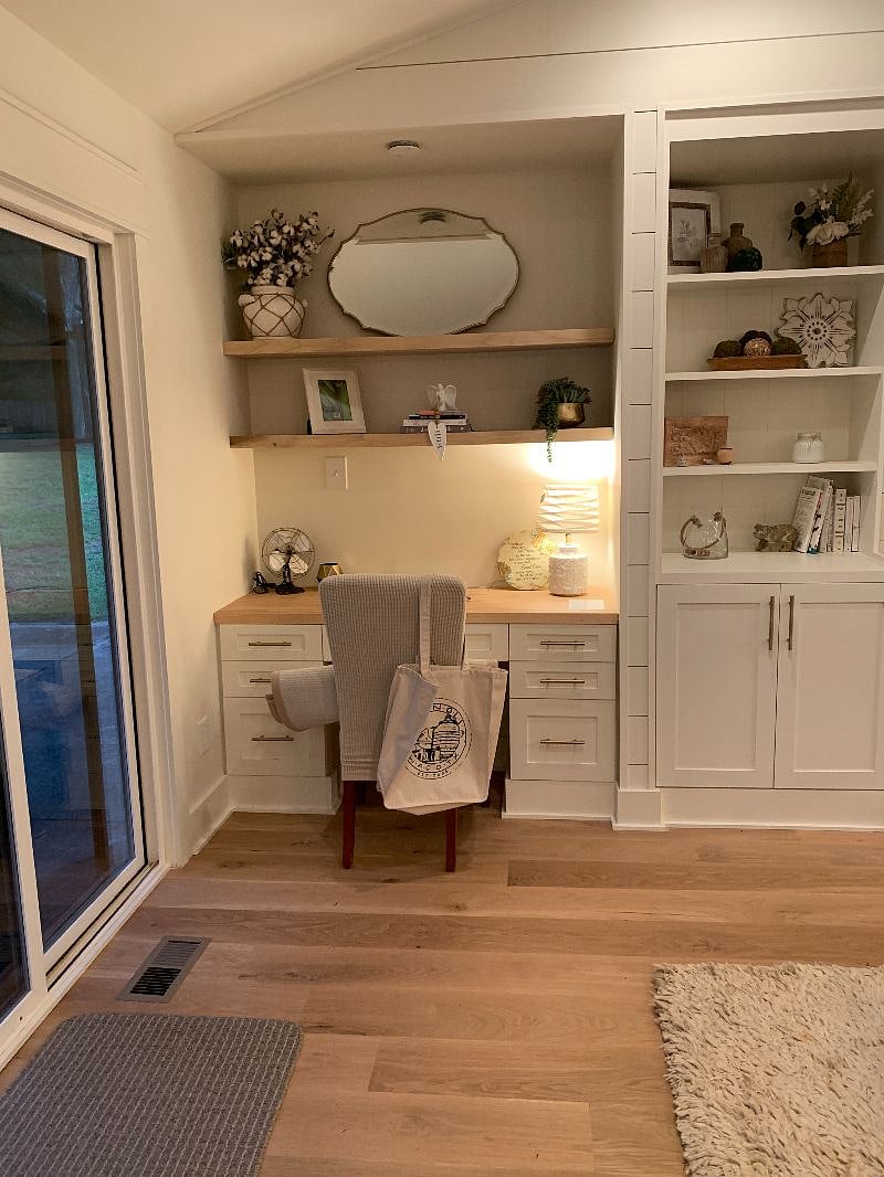 built-in desk nook with outlets built into the desk