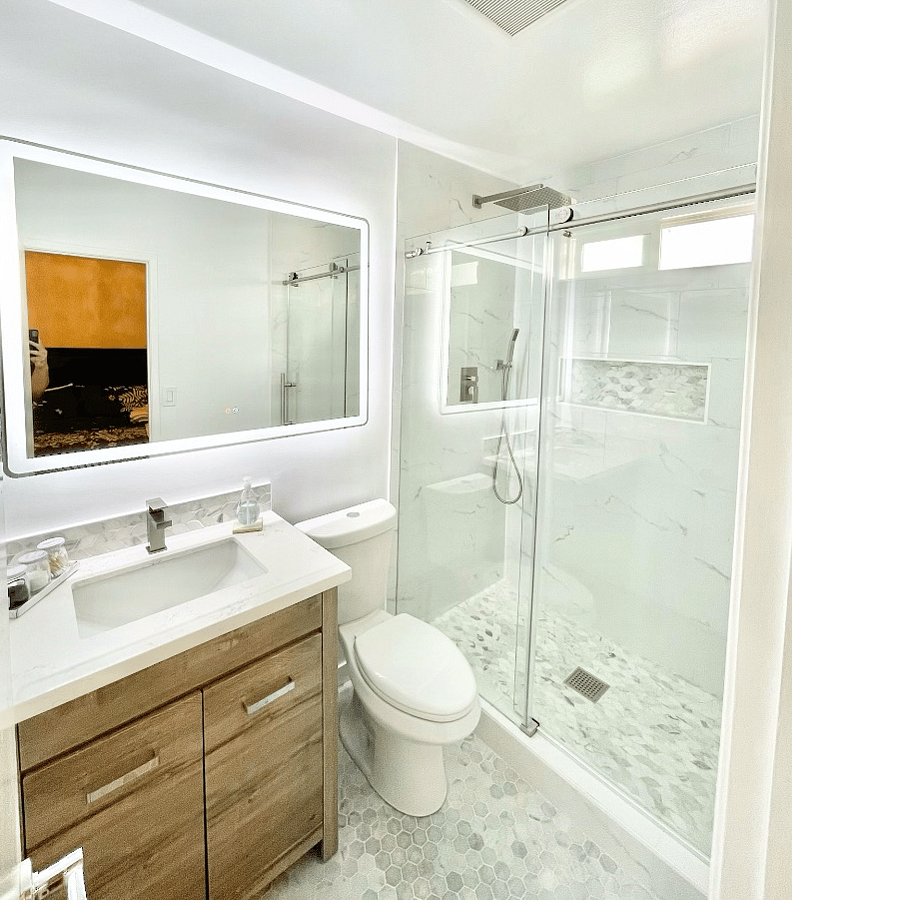 Master bath: Custom design walk in shower, mirror with light and defogger.