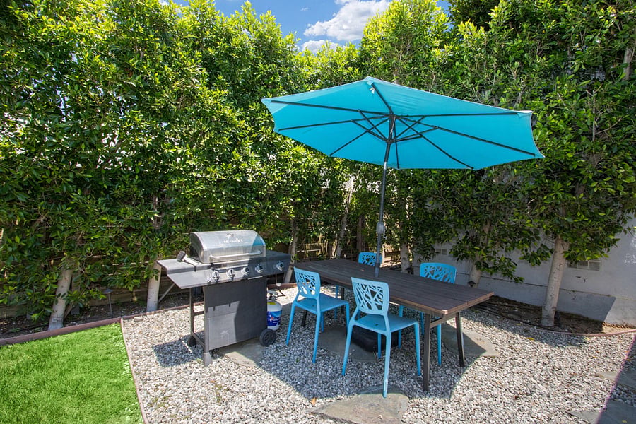 Backyard: privacy trees, patio table and umbrella, BBQ