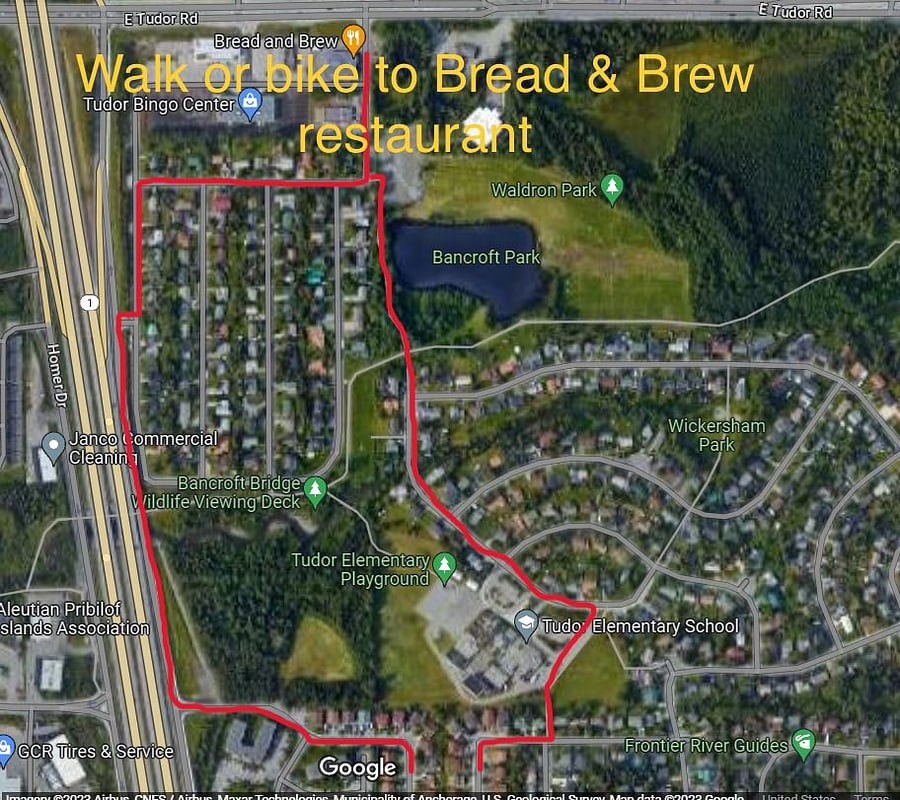 Walk or bike to Bread and Brew restaurant