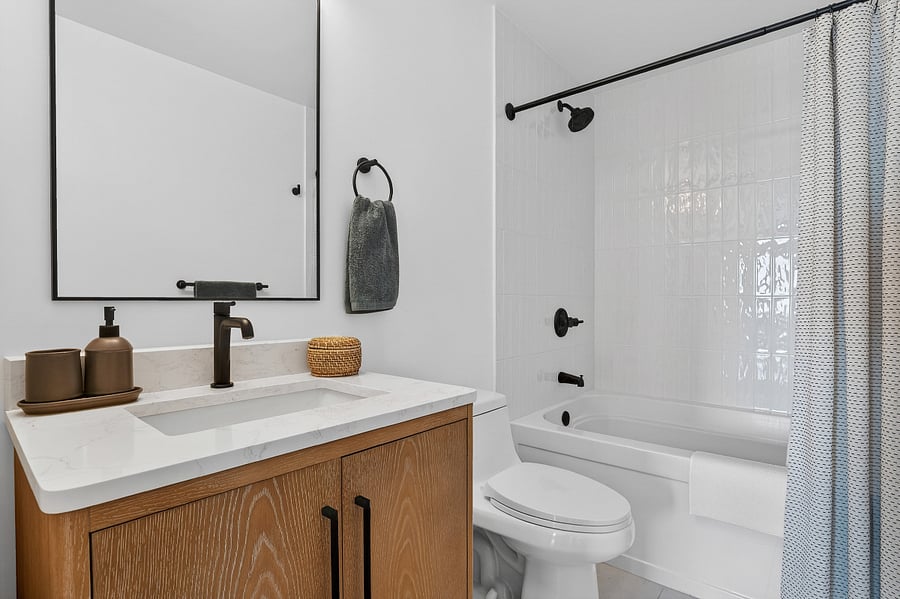 Brand new guest bathroom with oversized tub.