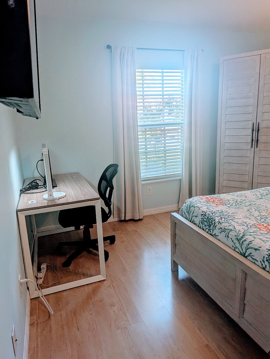 dedicated workspace, desk, chair, monitor, charging
