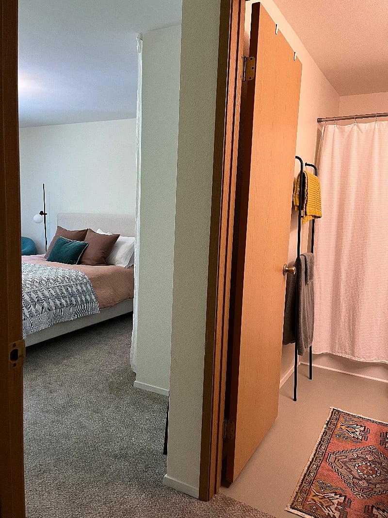 Looking into bedroom and bathroom