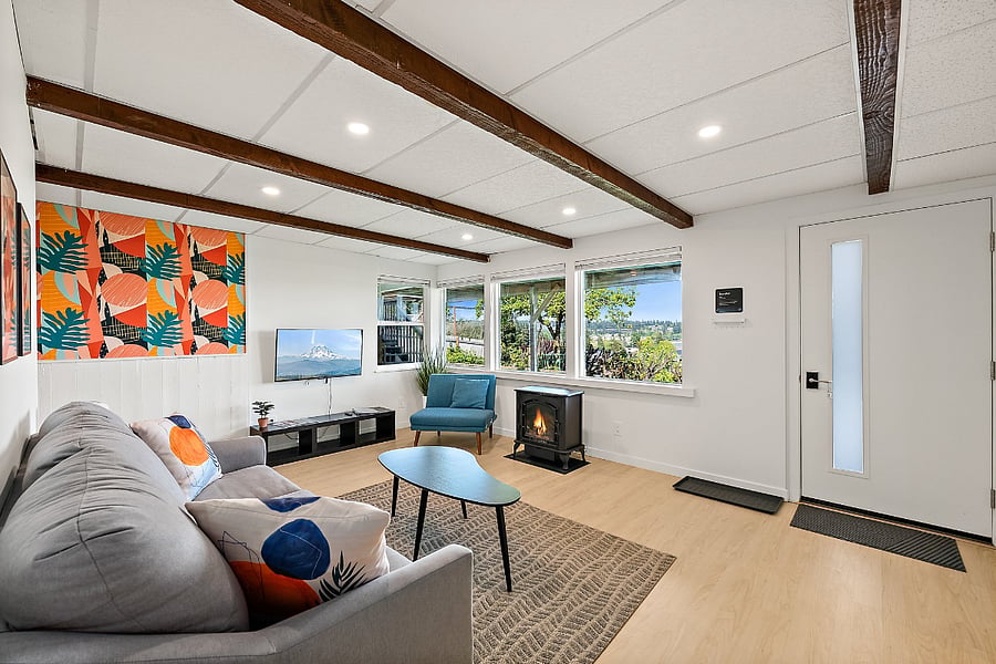 Living room features gas fireplace