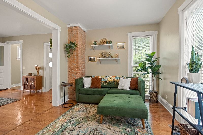 Living room featuring West Elm sleeper sofa