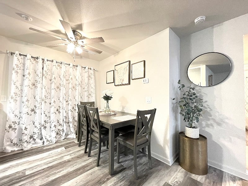 Your beautiful dining table that sits 4 as configured, but has a bench if you slide it out, and and you can seat 2 more people.