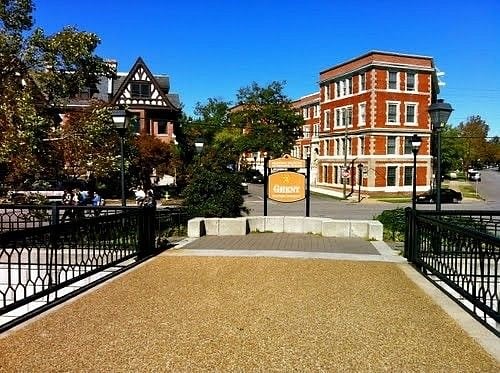 This footbridge to downtown is a few steps from our house