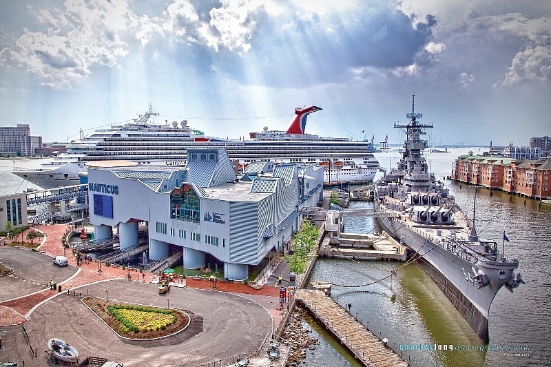 Norfolk is a cruise port - this view shows the Nauticus attraction, the Battleship Wisconsin, and a Carnival ship in port