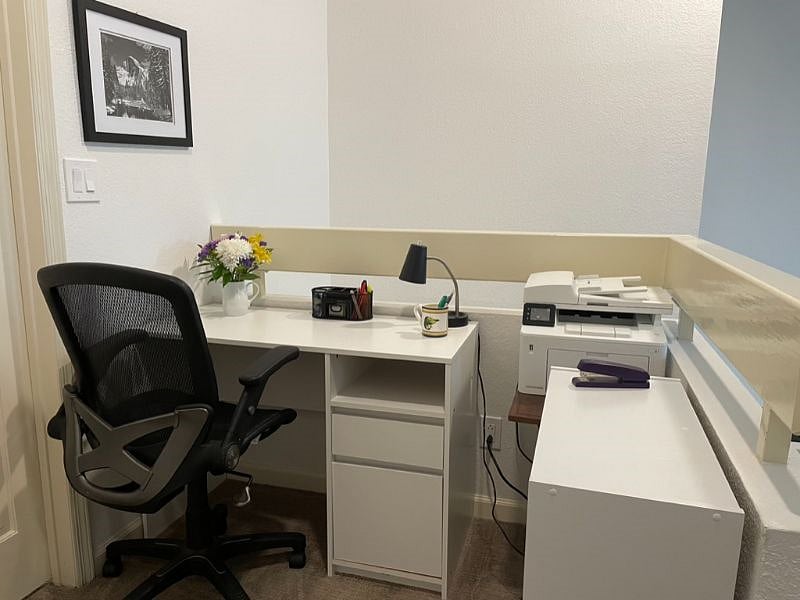 Dedicated work space with printer, bookshelf, file drawers and multi-plug charger on 2nd floor