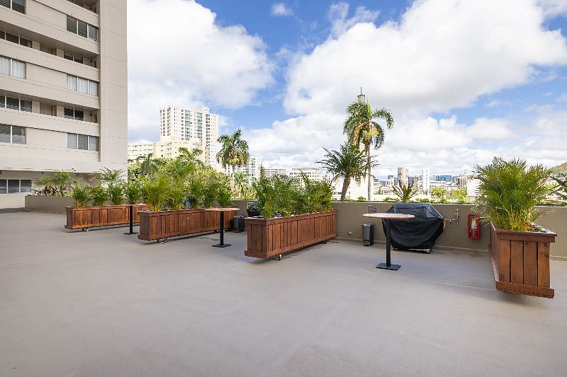 outdoor party space next to indoor party space and pool. 20 guest spots available.