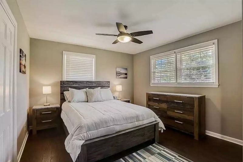 This is the primary bedroom. Since this photo was taken the bed was replaced with a King bed