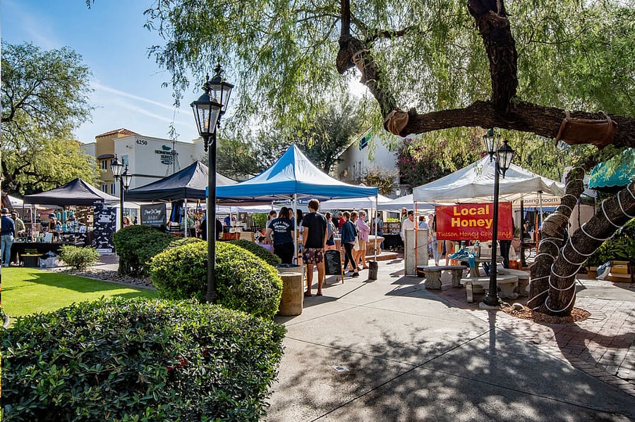 Walk or bike to St. Philip's Plaza farmers' market on Saturdays