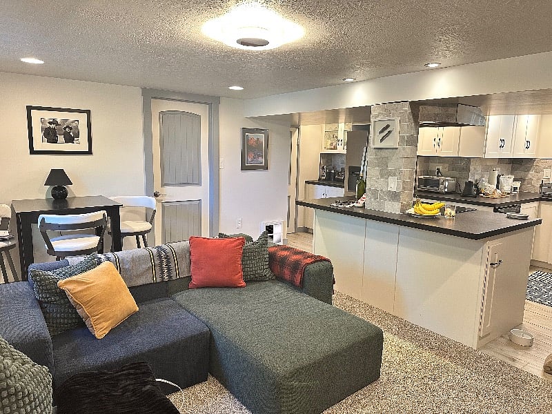 Great room and shared kitchen island.
