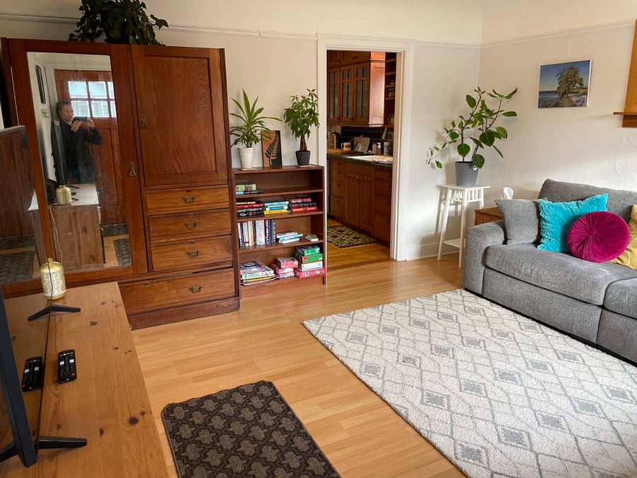 Living room, wardrobe has space for hanging clothes/additional storage as desired
