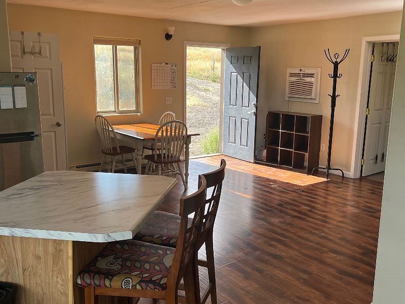 Kitchen island and dining area.